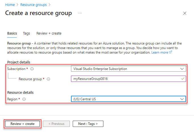 Azure portal form for subscription, resource group name, and region