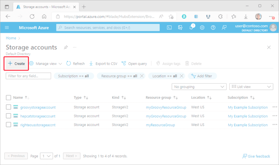 Azure portal Storage accounts page with Create highlighted