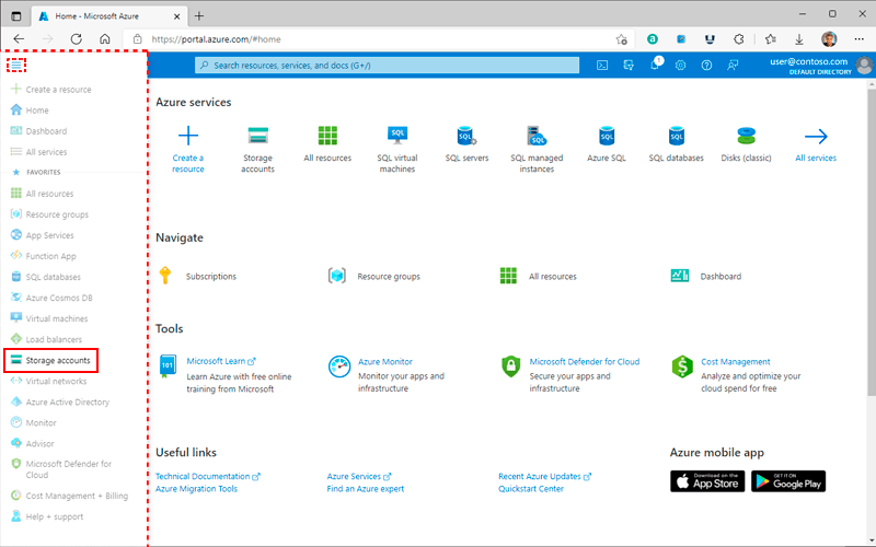 Azure portal home showing the main navigation menu and global search